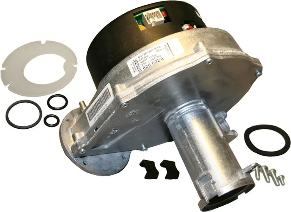 BOSCH Gebläse mit Elektromotor und verschiedenen Befestigungsteilen. Sichtbare Anschlüsse und Dichtungen sind vorhanden.
